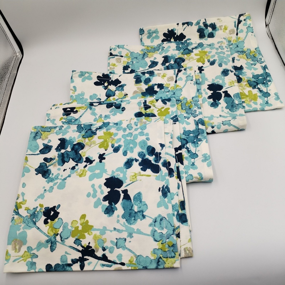 World Market Margo Cloth Napkins 100% Cotton Floral Teal Blue Green Set of 5 20"